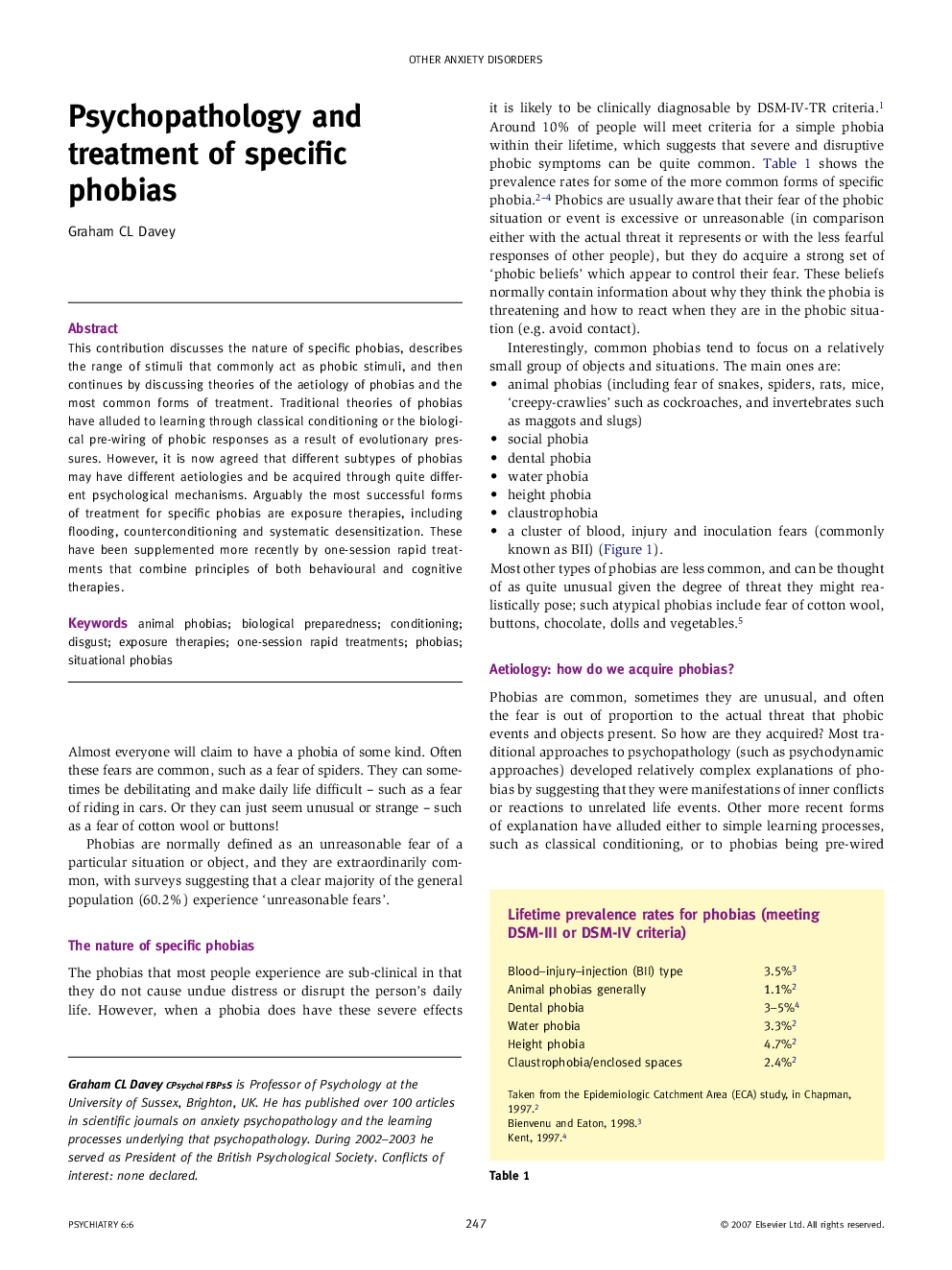 Psychopathology and treatment of specific phobias