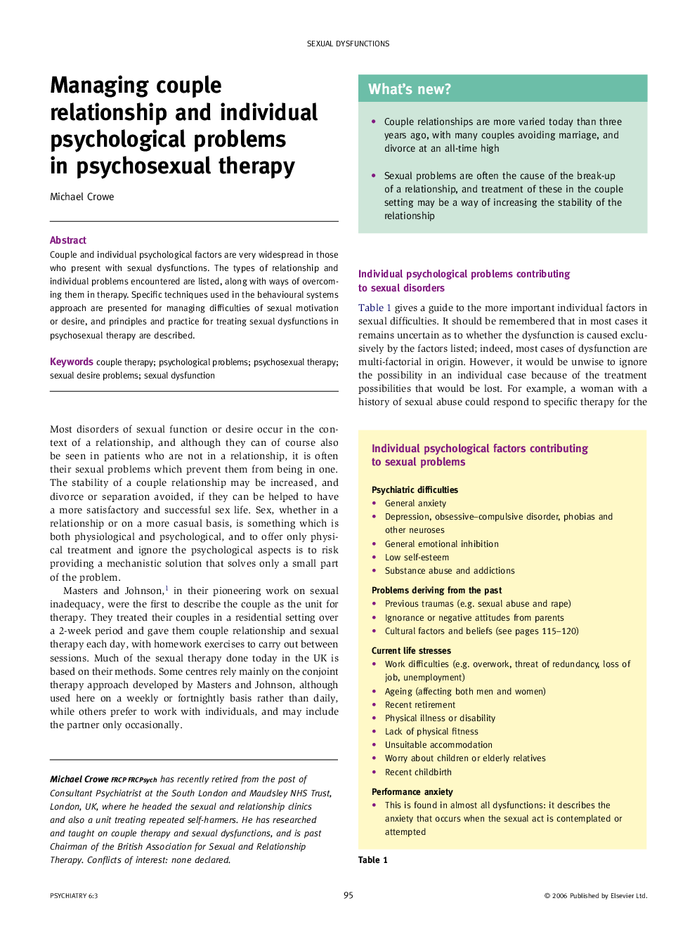 Managing couple relationship and individual psychological problems in psychosexual therapy