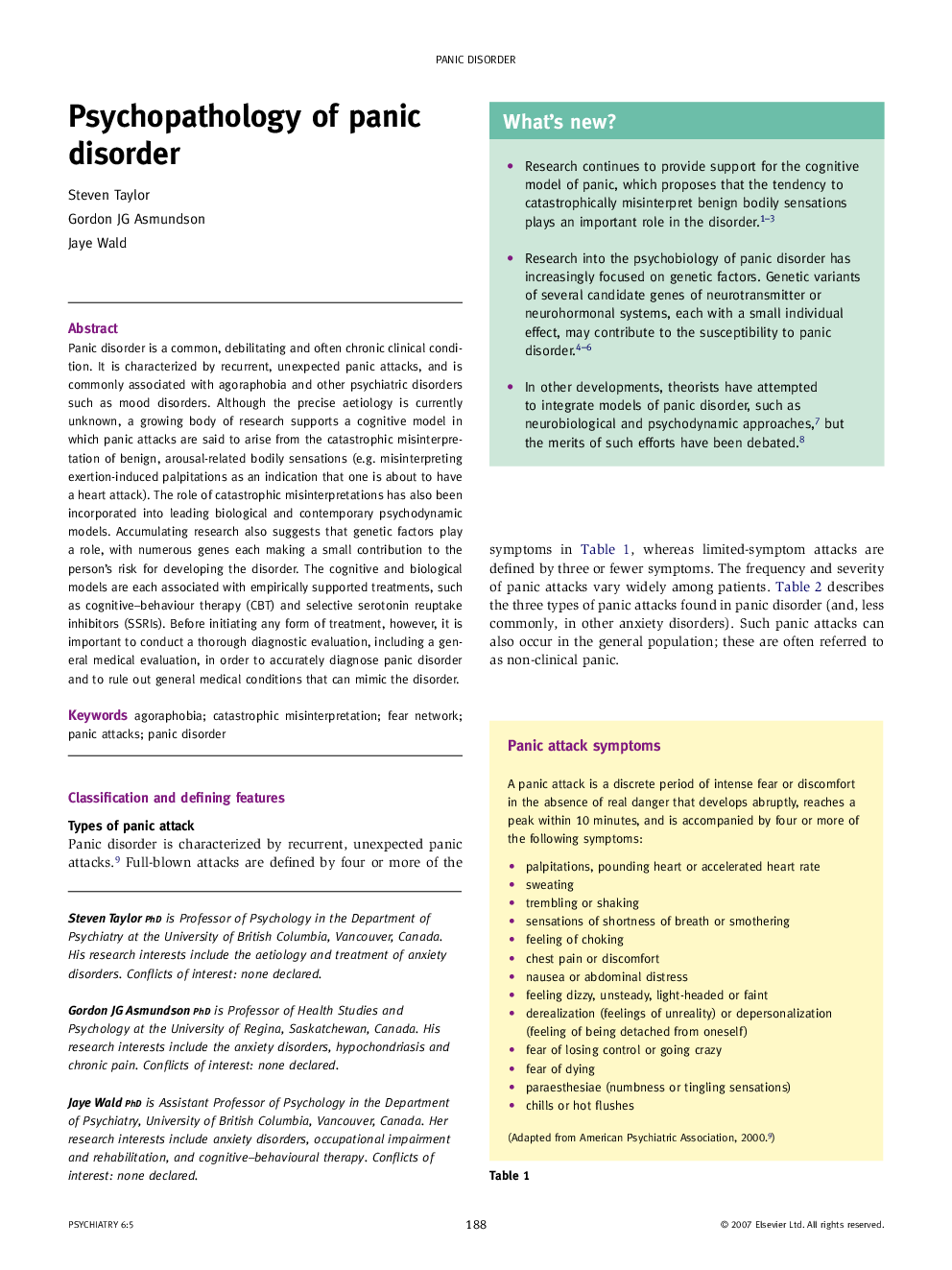 Psychopathology of panic disorder