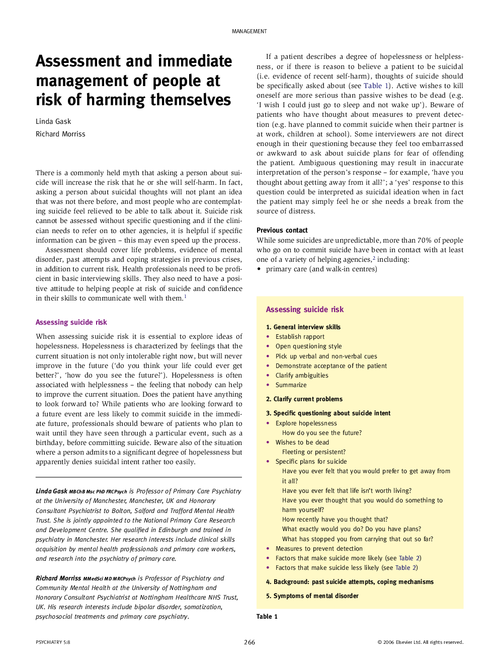 Assessment and immediate management of people at risk of harming themselves