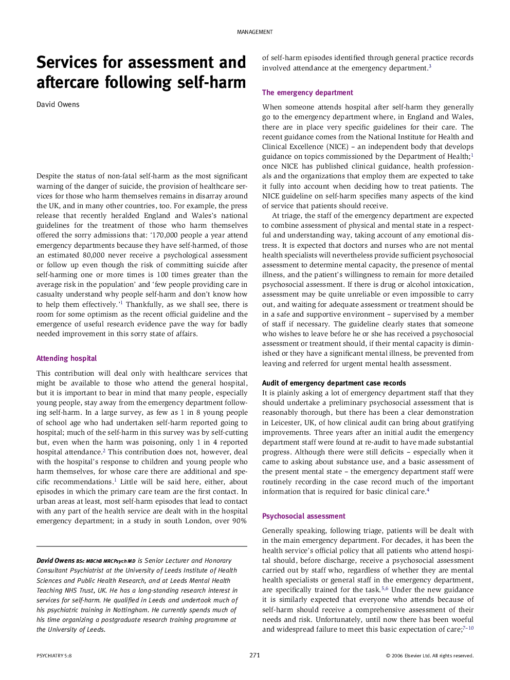 Services for assessment and aftercare following self-harm