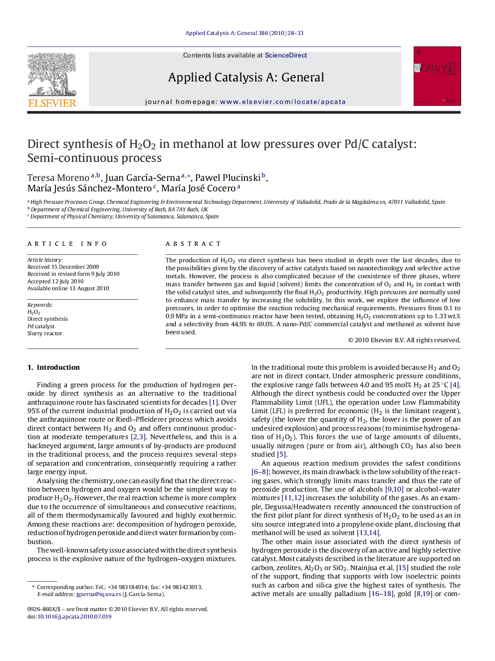 Direct synthesis of H2O2 in methanol at low pressures over Pd/C catalyst: Semi-continuous process