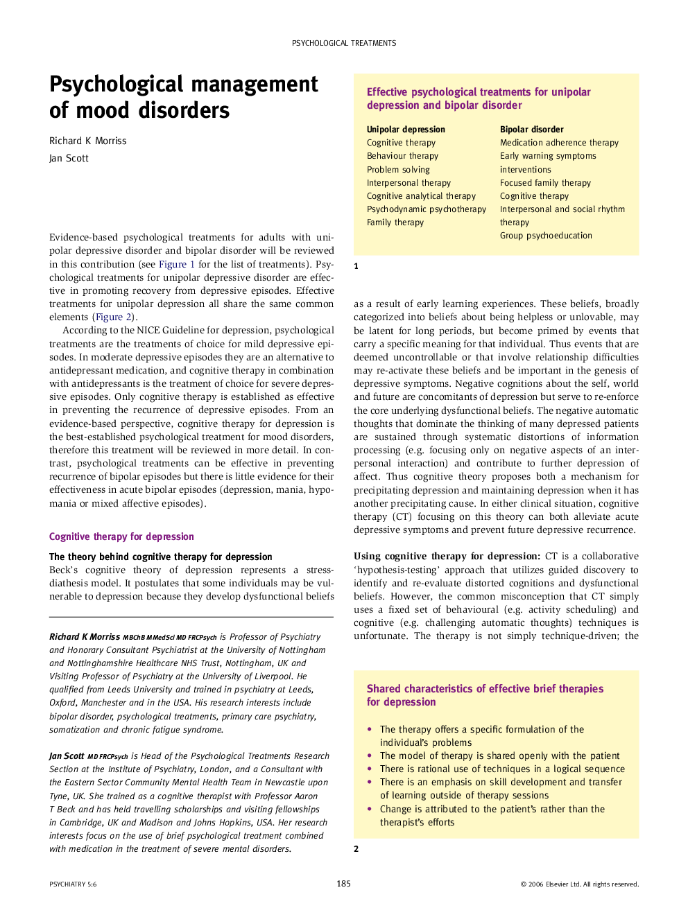 Psychological management of mood disorders