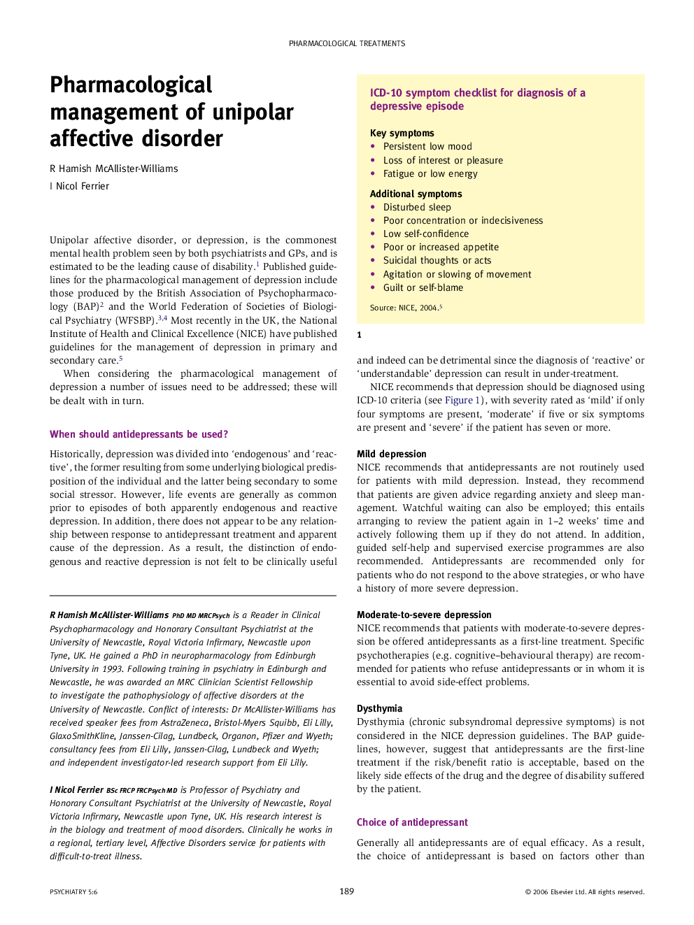 Pharmacological management of unipolar affective disorder