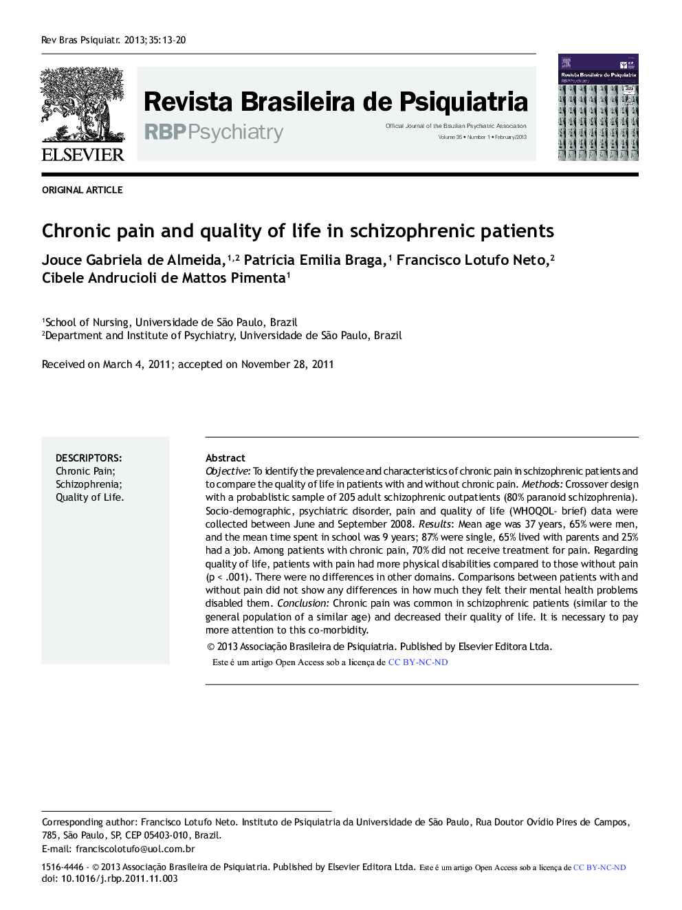 Chronic Pain and Quality of Life in Schizophrenic Patients