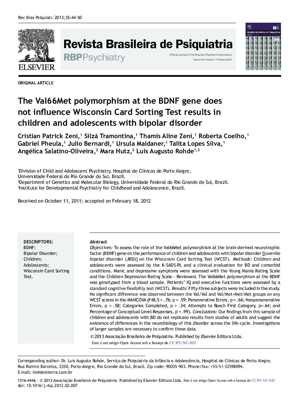 The Val66Met Polymorphism at the BDNF Gene does not Influence Wisconsin Card Sorting Test Results in Children and Adolescents with Bipolar Disorder