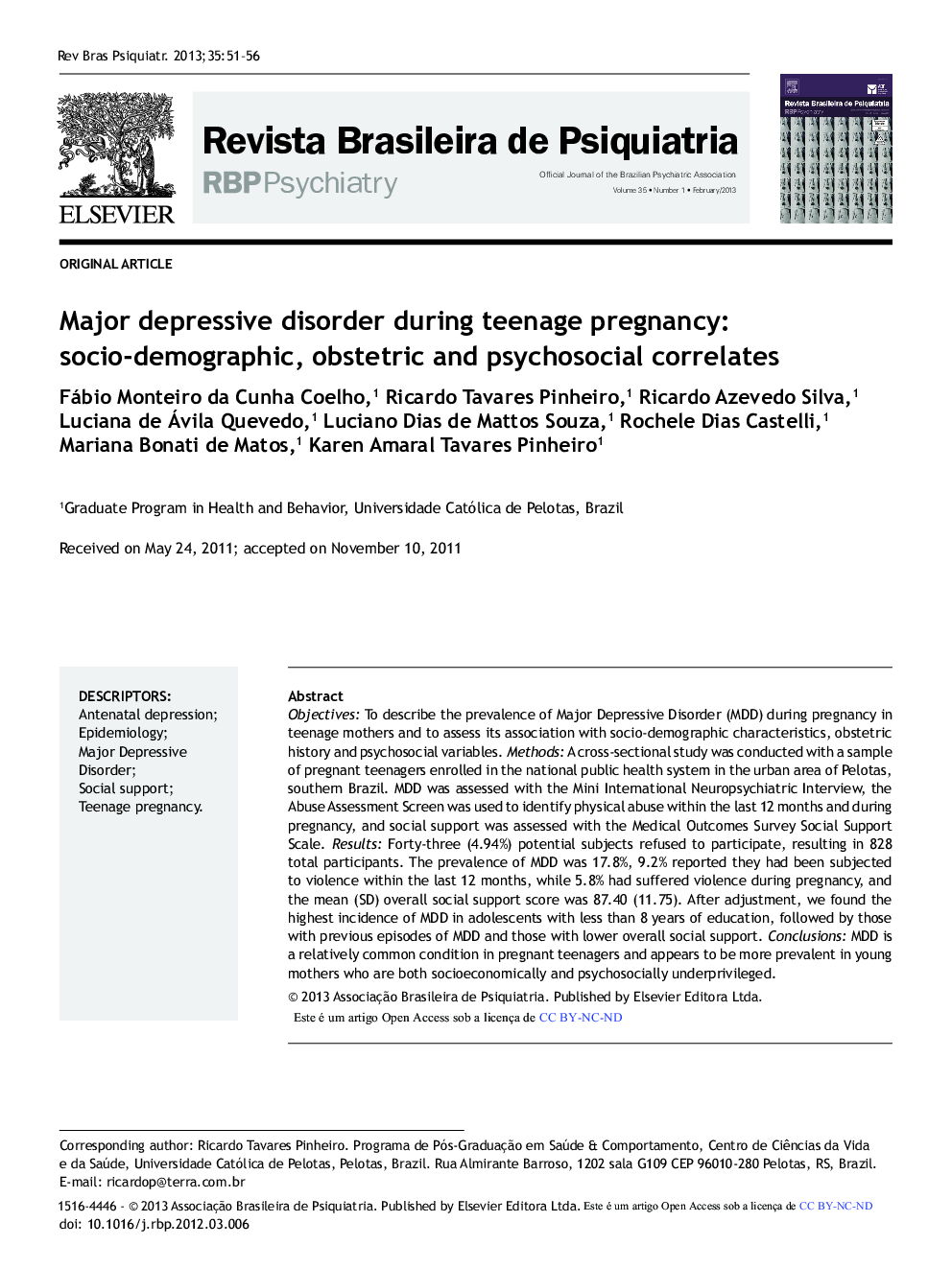 Major Depressive Disorder during Teenage Pregnancy: Socio-demographic, Obstetric and Psychosocial Correlates