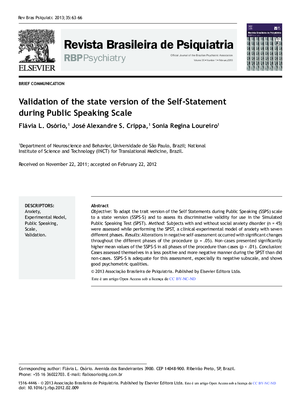 Validation of the State Version of the Self-statement during Public Speaking Scale
