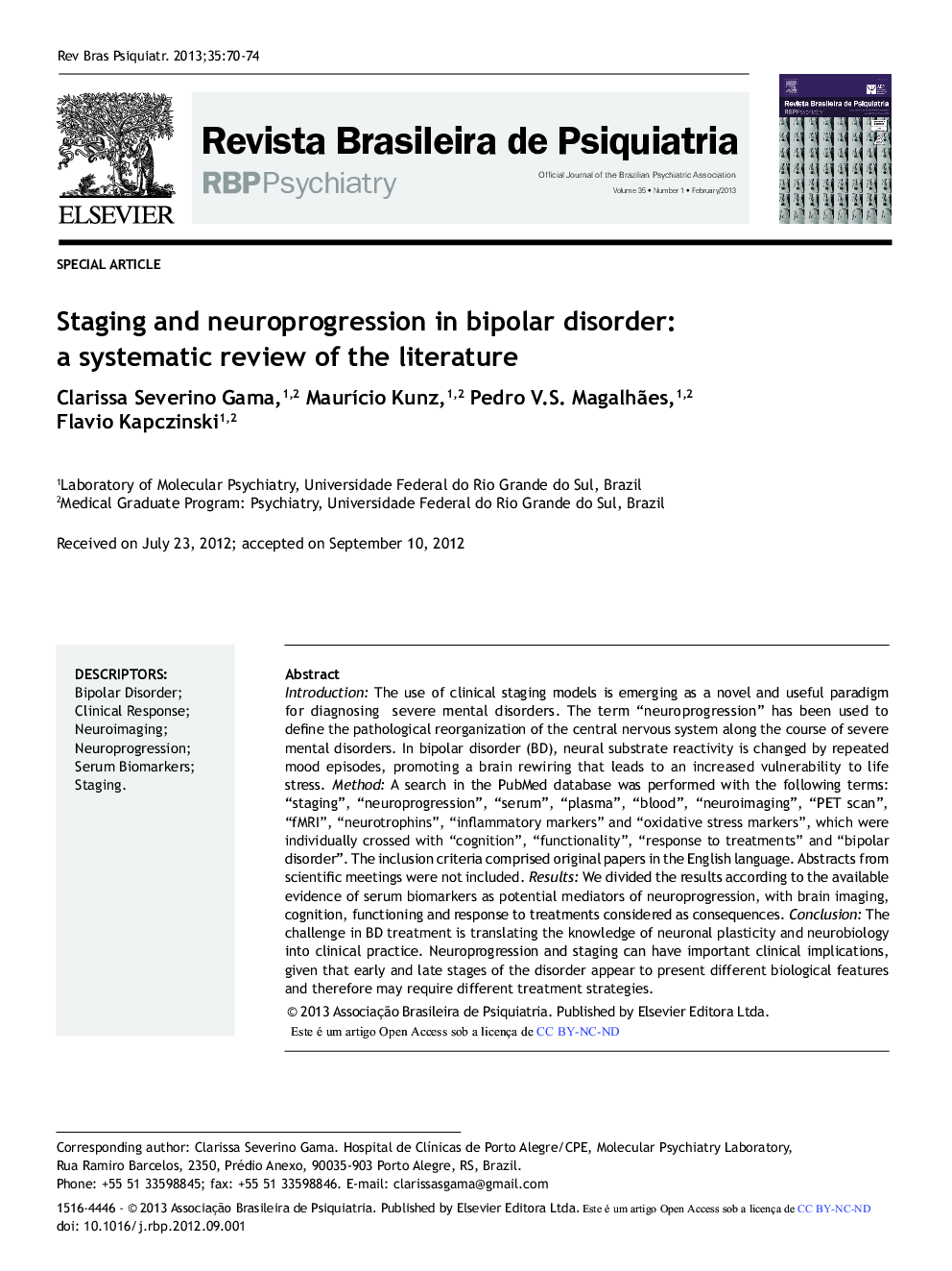 Staging and Neuroprogression in Bipolar Disorder: A Systematic Review of the Literature