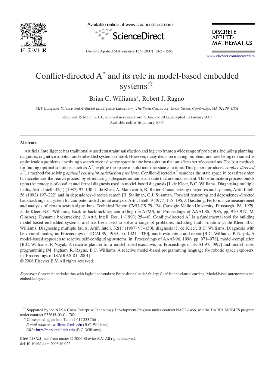 Conflict-directed A* and its role in model-based embedded systems 