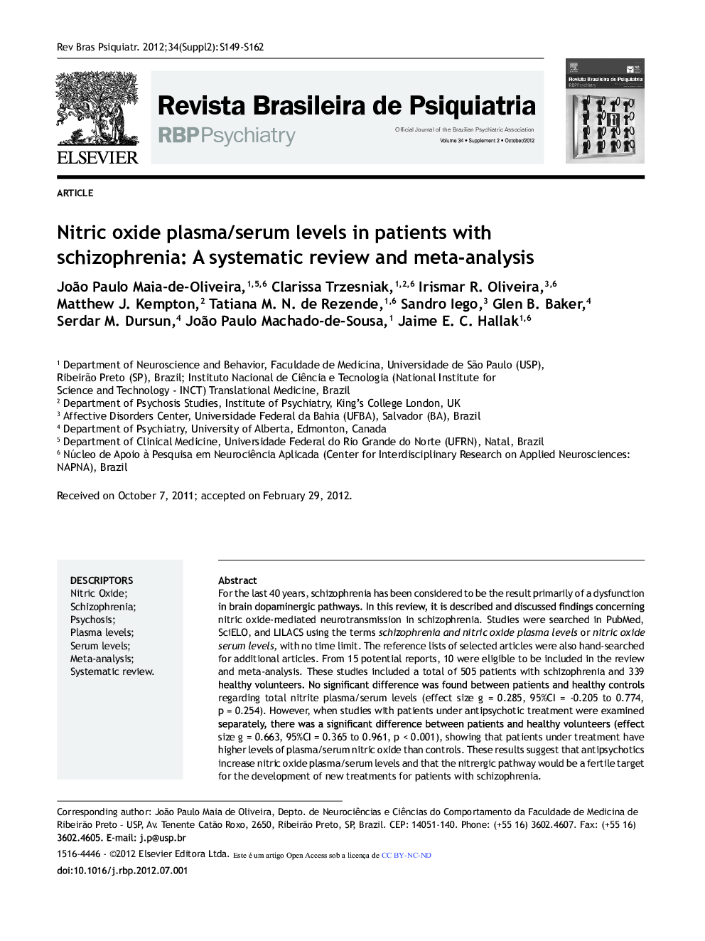 Nitric Oxide Plasma/Serum Levels In Patients With Schizophrenia: A Systematic Review And Meta-Analysis