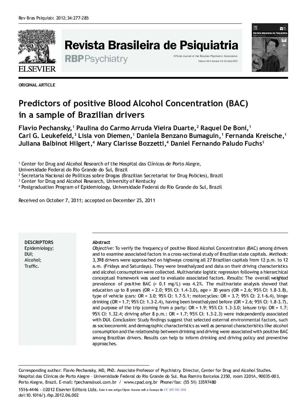 Predictors of positive Blood Alcohol Concentration (BAC) in a sample of Brazilian drivers
