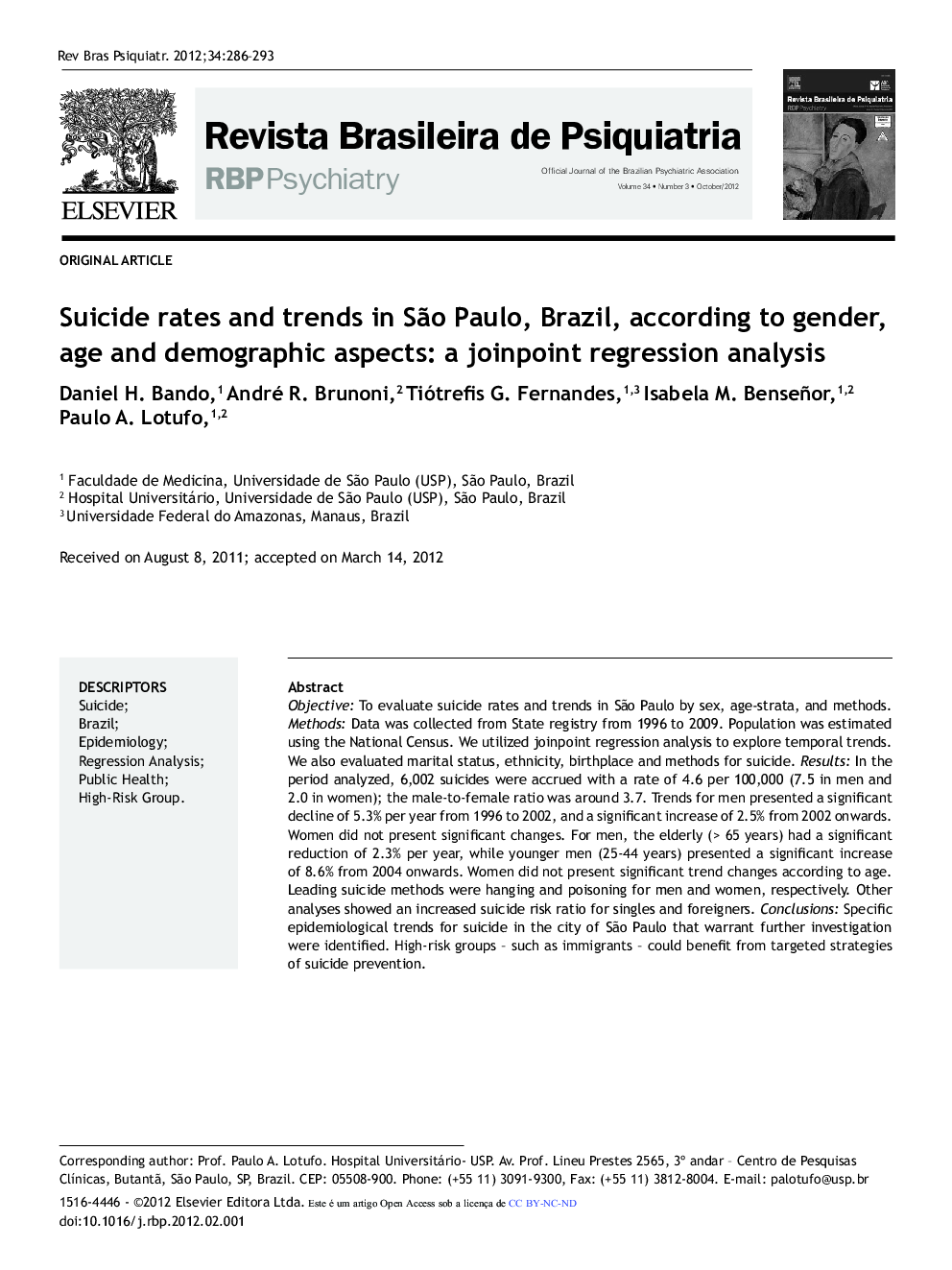 Suicide rates and trends in São Paulo, Brazil, according to gender, age and demographic aspects: a joinpoint regression analysis