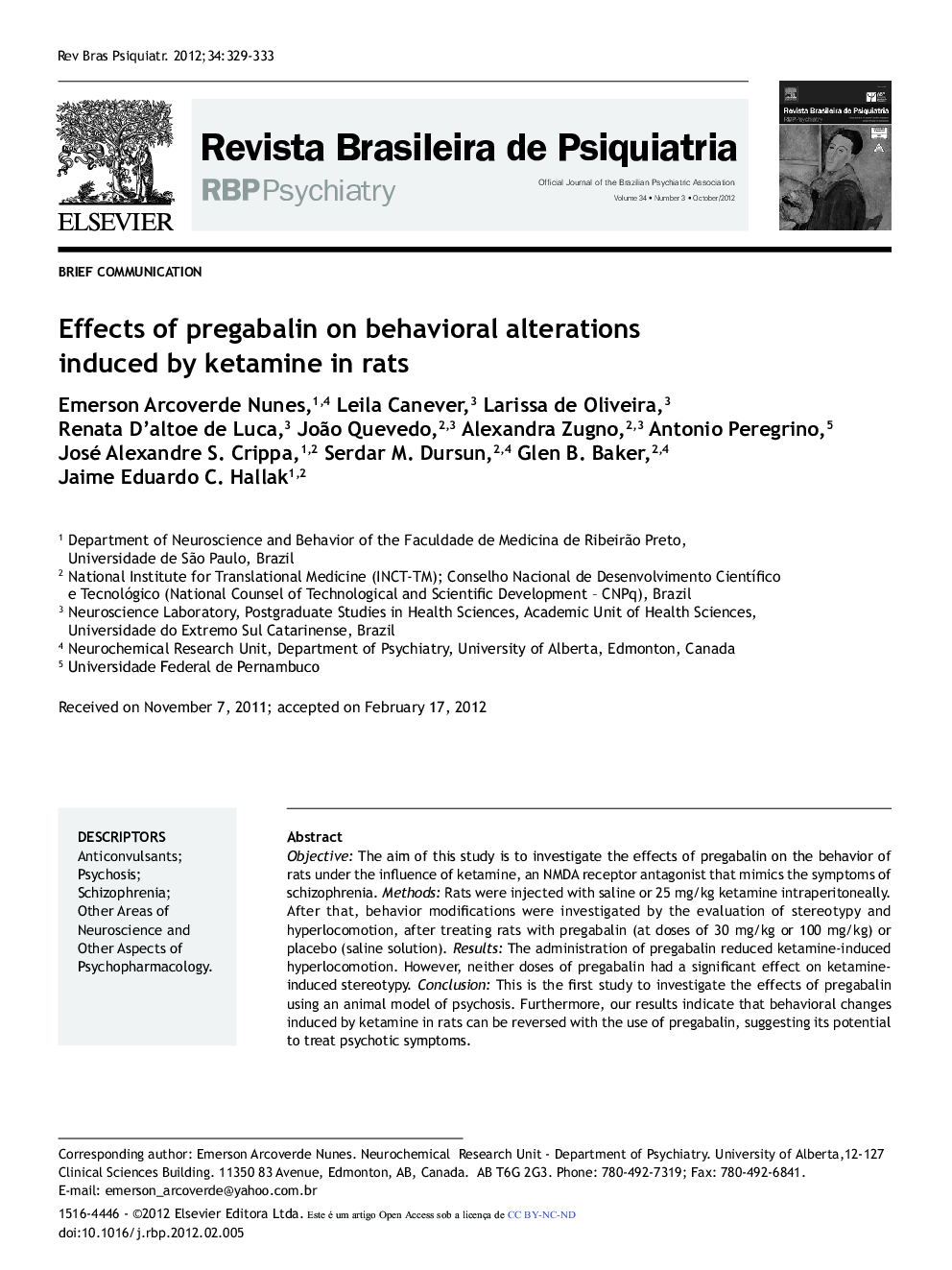 Effects of pregabalin on behavioral alterations induced by ketamine in rats