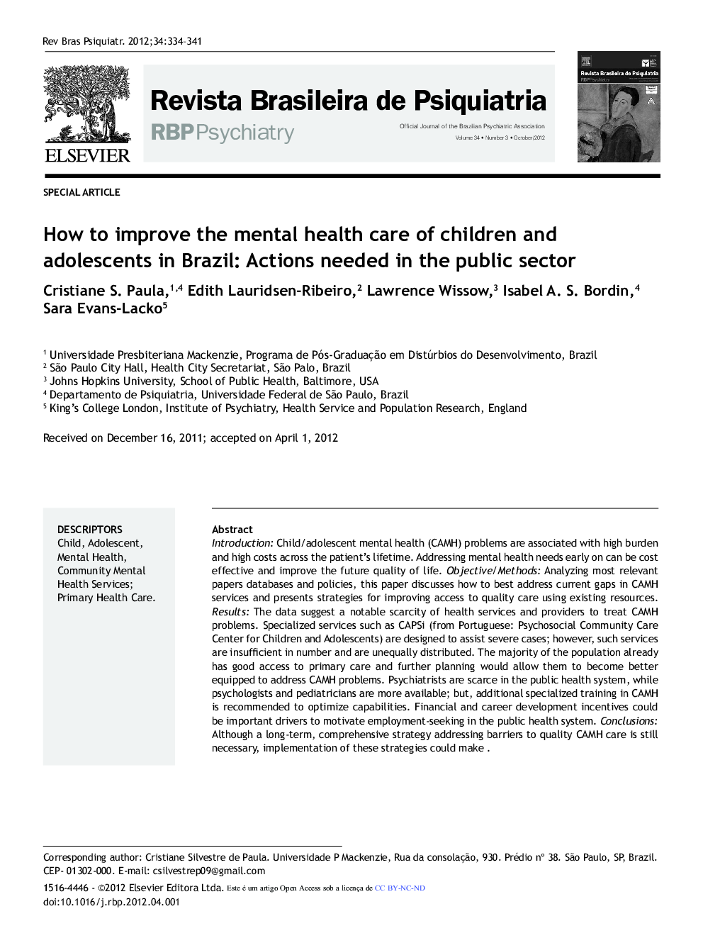 How to improve the mental health care of children and adolescents in Brazil: Actions needed in the public sector