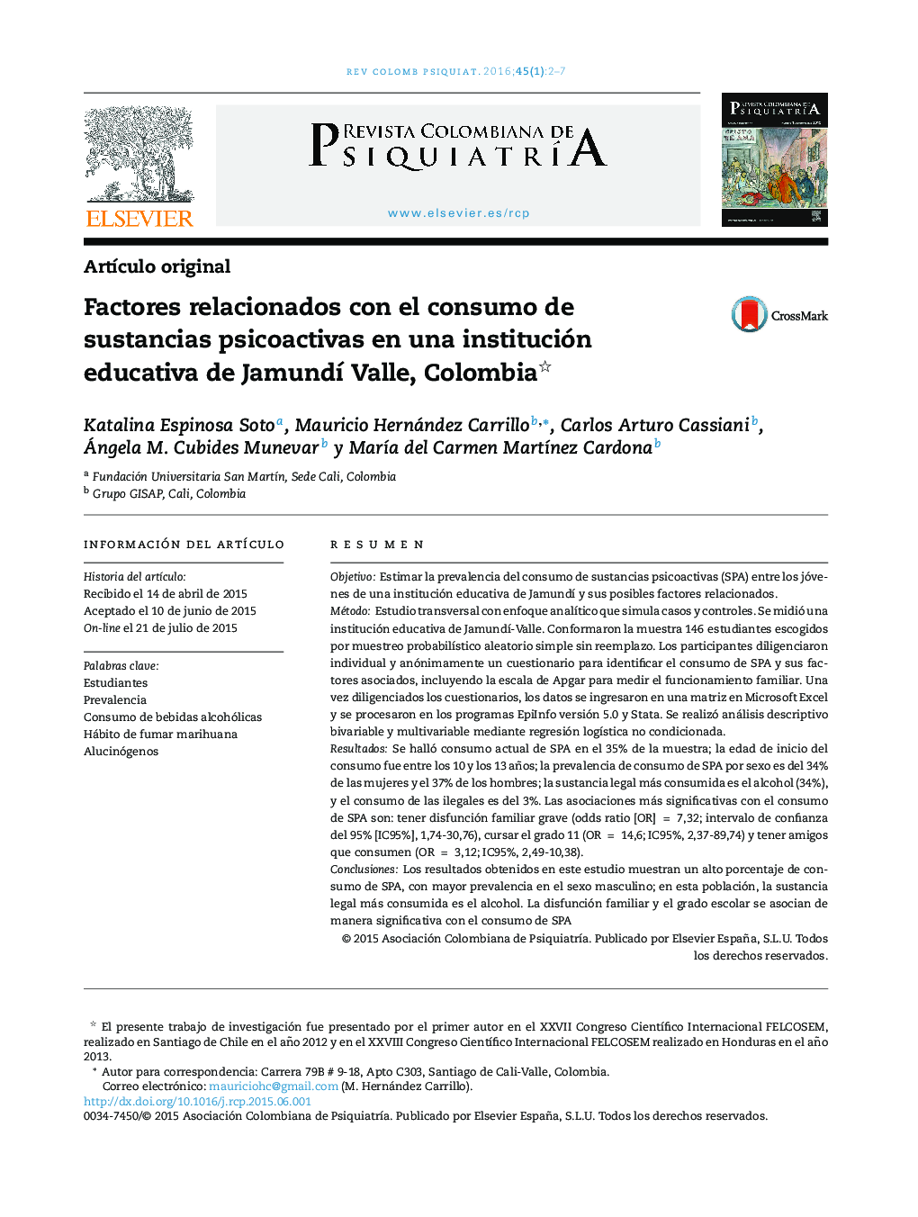 Factores relacionados con el consumo de sustancias psicoactivas en una institución educativa de JamundÃ­ Valle, Colombia