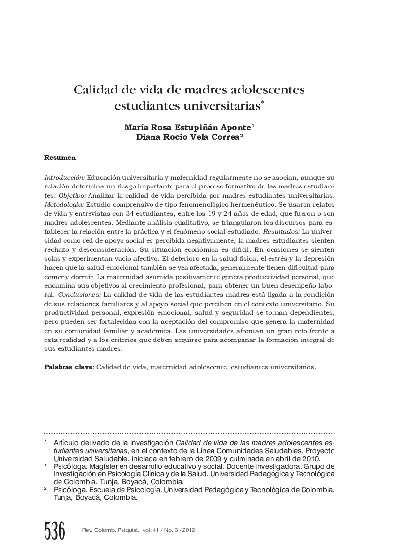 Calidad de vida de madres adolescentes estudiantes universitarias*