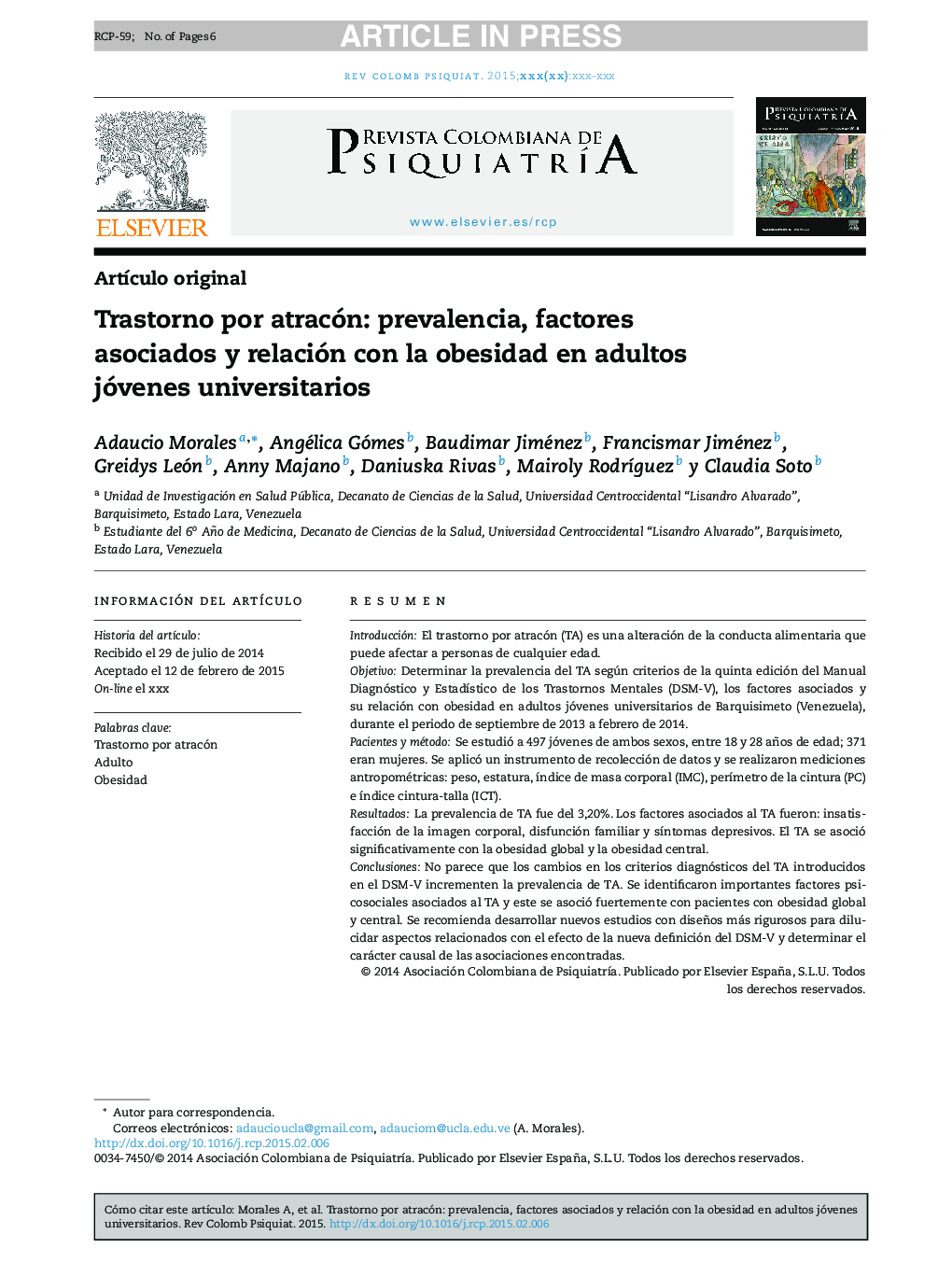 Trastorno por atracón: prevalencia, factores asociados y relación con la obesidad en adultos jóvenes universitarios