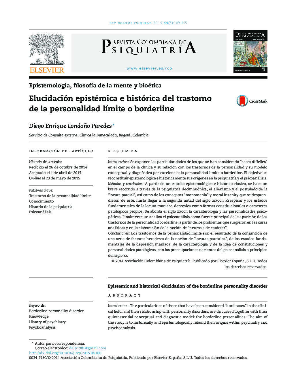 Elucidación epistémica e histórica del trastorno de la personalidad lÃ­mite o borderline