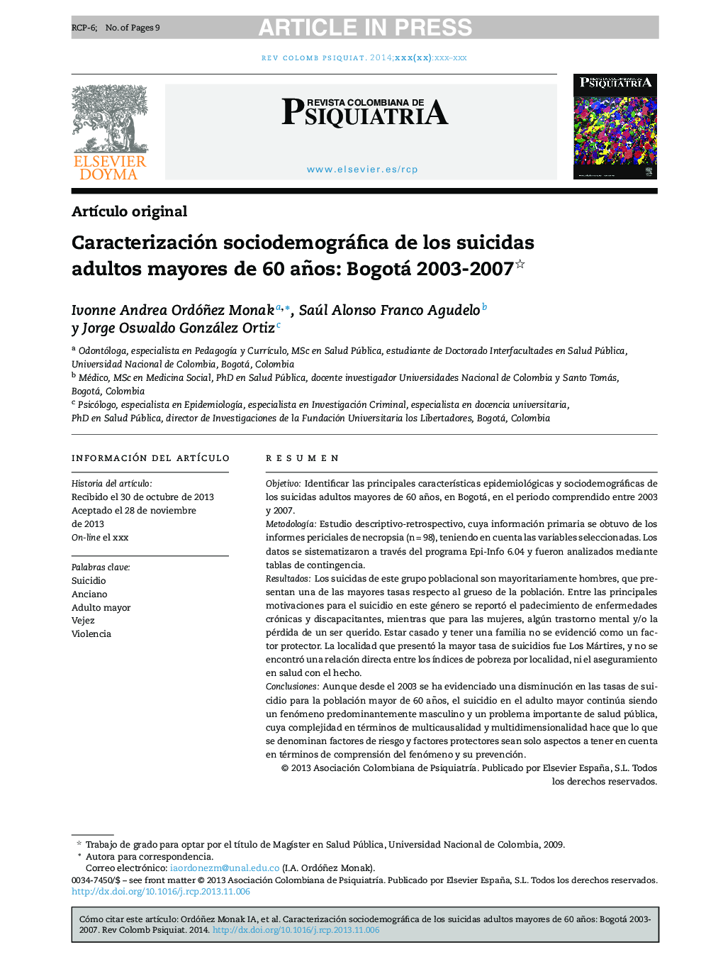 Caracterización sociodemográfica de los suicidas adultos mayores de 60 años: Bogotá 2003-2007