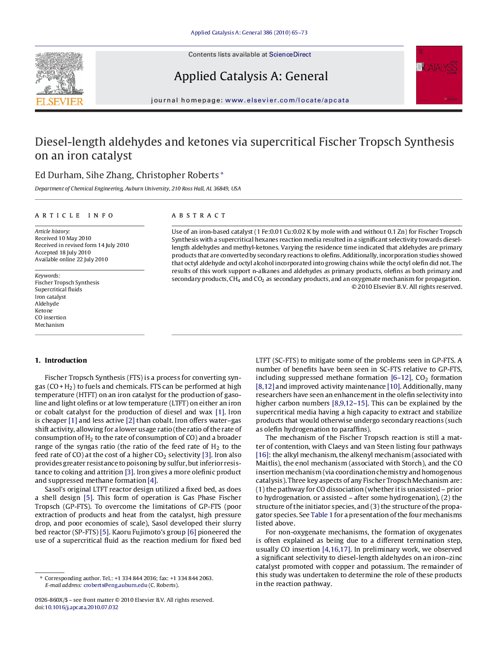 Diesel-length aldehydes and ketones via supercritical Fischer Tropsch Synthesis on an iron catalyst