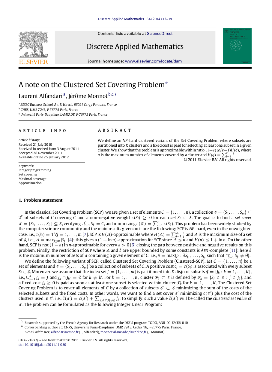 A note on the Clustered Set Covering Problem 