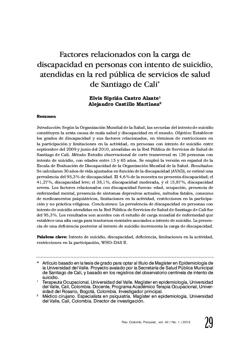 Factores relacionados con la carga de discapacidad en personas con intento de suicidio, atendidas en la red pública de servicios de salud de Santiago de Cali*