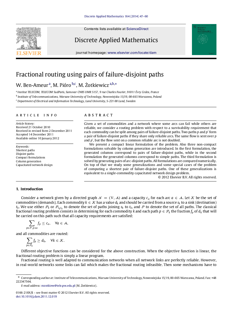 Fractional routing using pairs of failure-disjoint paths