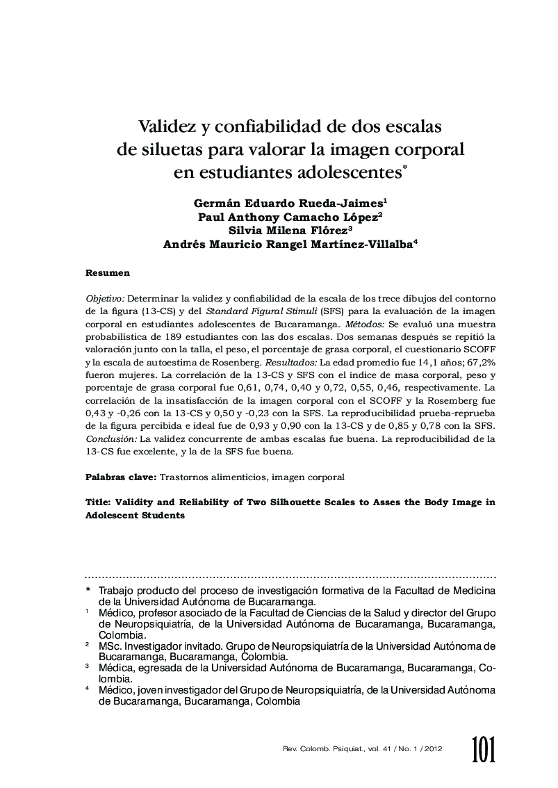 عکس صفحه اول مقاله: Validez y confiabilidad de dos escalas de siluetas para valorar la imagen corporal en estudiantes adolescentes* Validez y confiabilidad de dos escalas de siluetas para valorar la imagen corporal en estudiantes adolescentes*