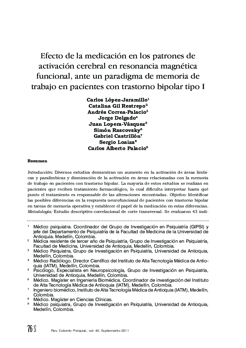 Efecto de la medicación en los patrones de activación cerebral en resonancia magnética funcional, ante un paradigma de memoria de trabajo en pacientes con trastorno bipolar tipo I