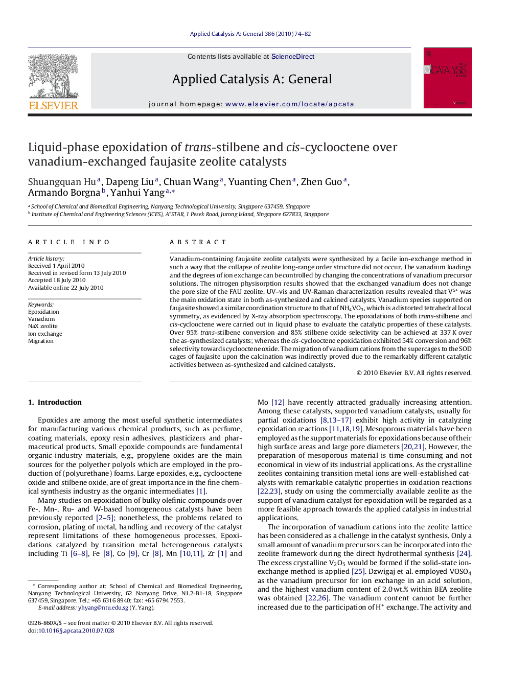 Liquid-phase epoxidation of trans-stilbene and cis-cyclooctene over vanadium-exchanged faujasite zeolite catalysts