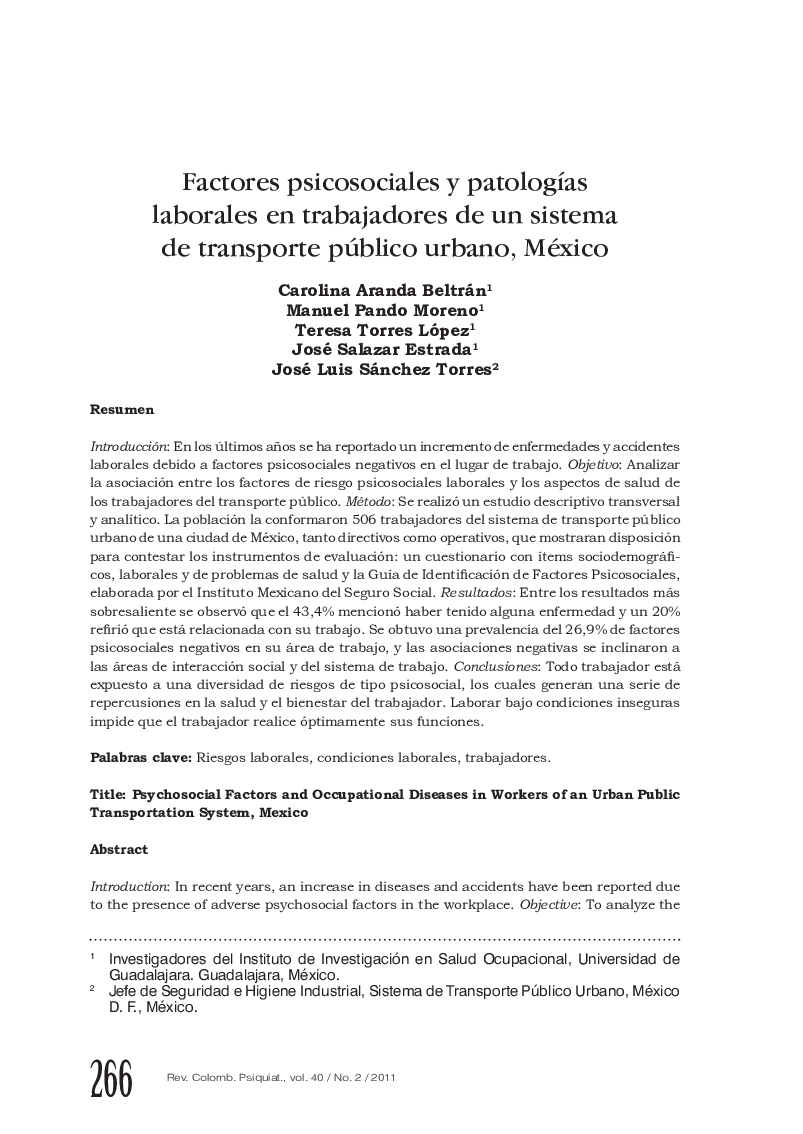 Factores psicosociales y patologÃ­as laborales en trabajadores de un sistema de transporte público urbano, México