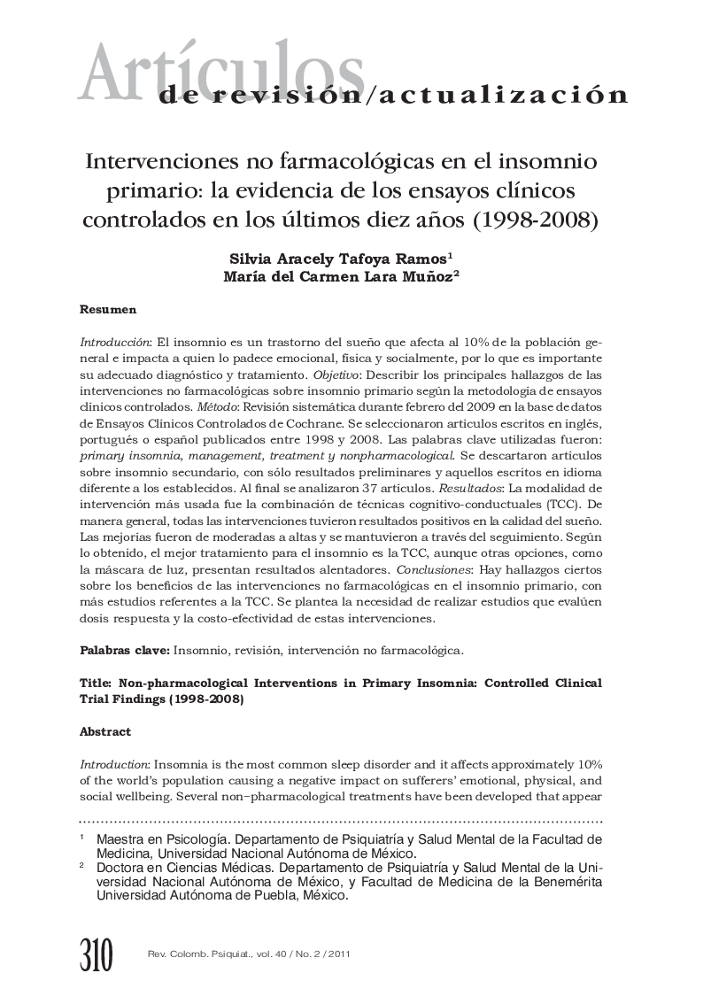 Intervenciones no farmacológicas en el insomnio primario: la evidencia de los ensayos clÃ­nicos controlados en los últimos diez años (1998-2008)