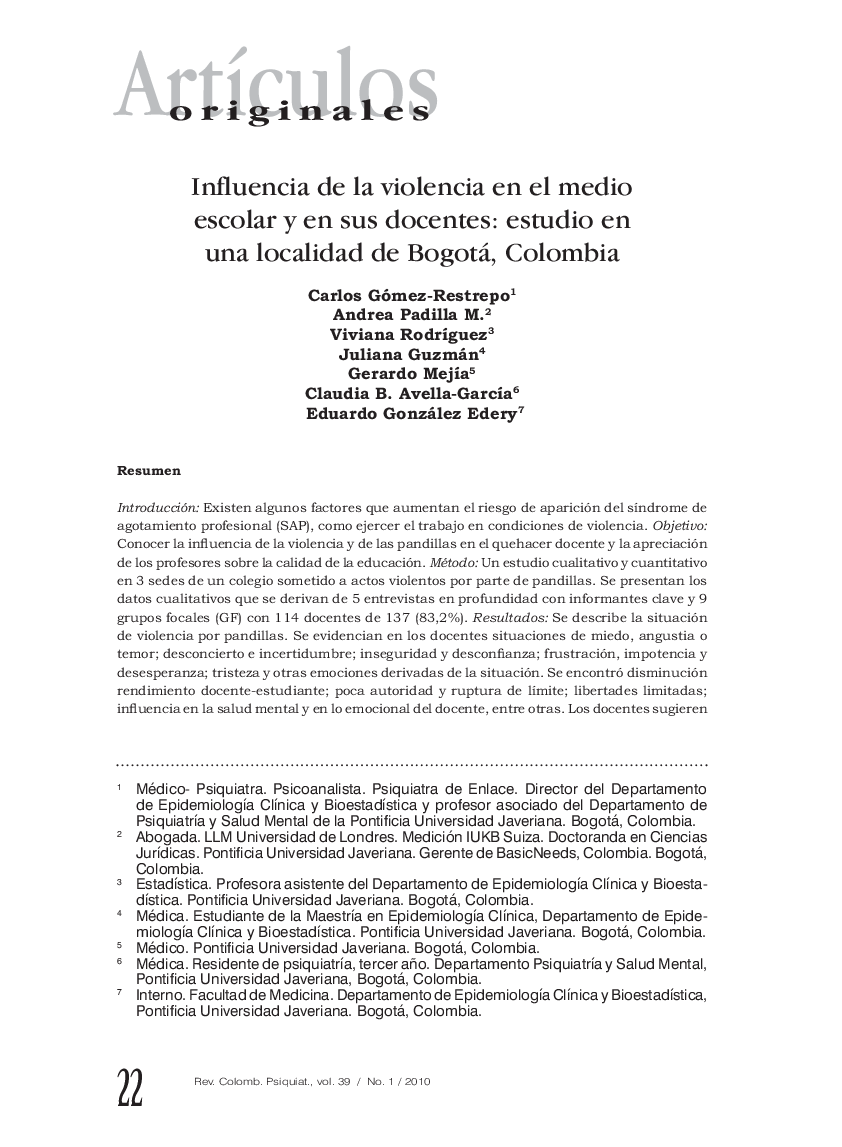 Influencia de la violencia en el medio escolar y en sus docentes: estudio en una localidad de Bogotá, Colombia