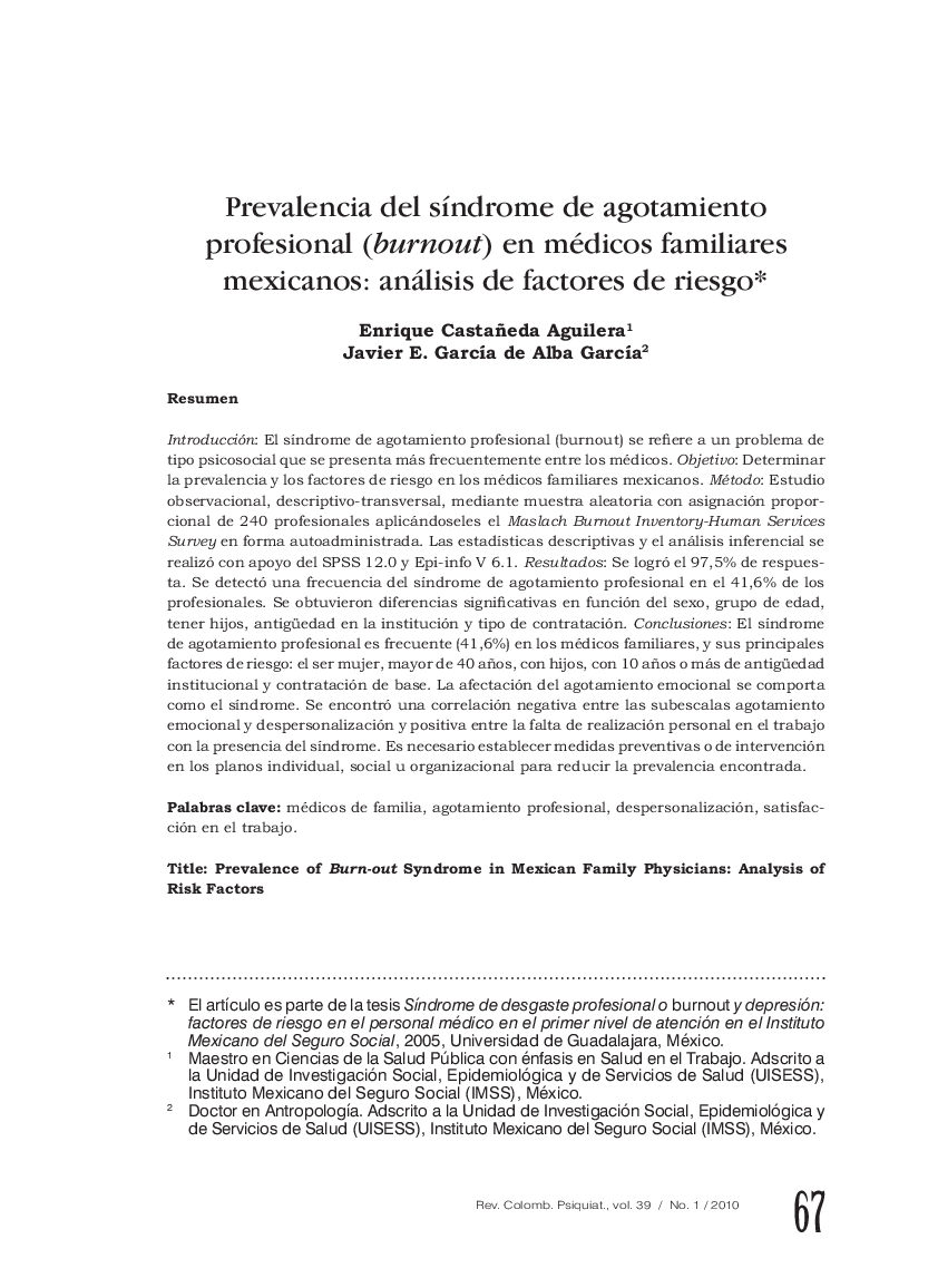 Prevalencia del sÃ­ndrome de agotamiento profesional (burnout) en médicos familiares mexicanos: análisis de factores de riesgo*