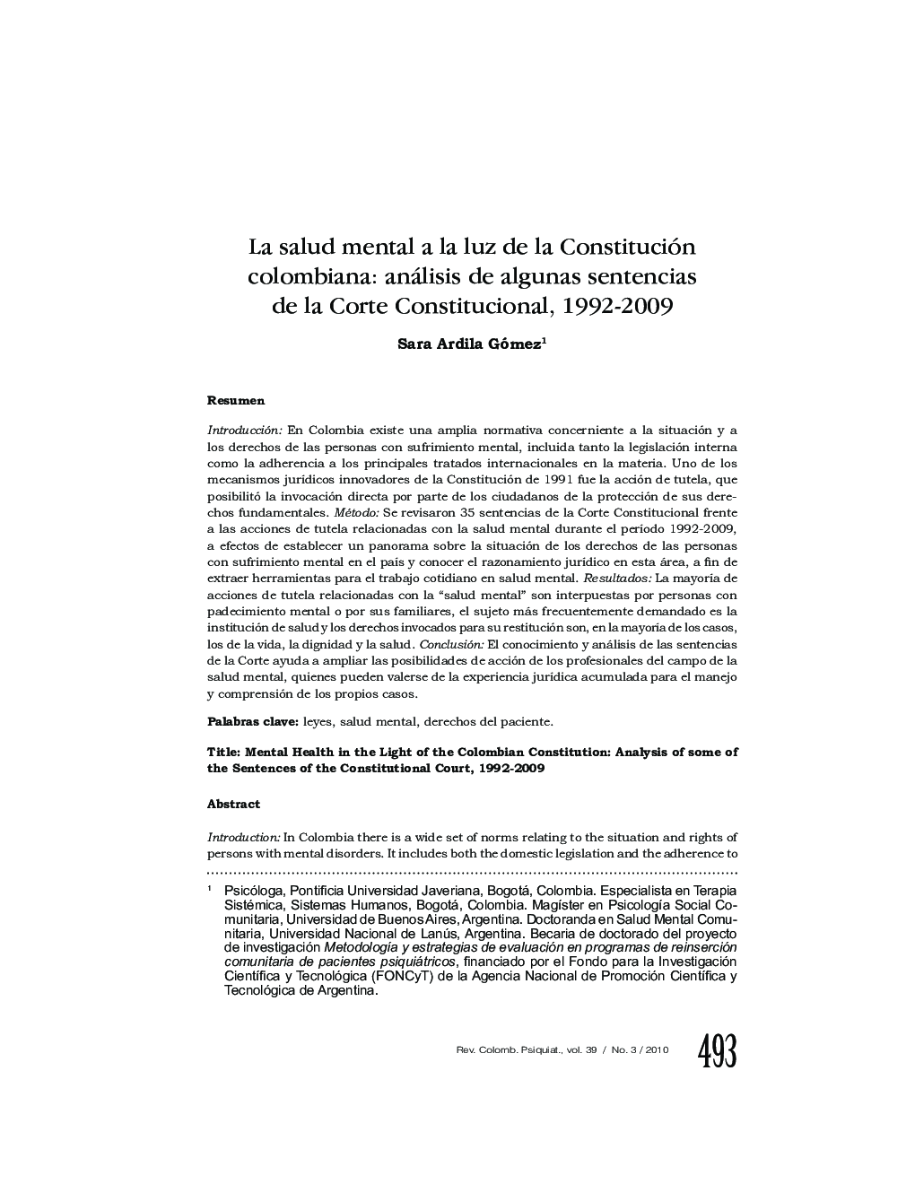 La salud mental a la luz de la Constitución colombiana: análisis de algunas sentencias de la Corte Constitucional, 1992-2009