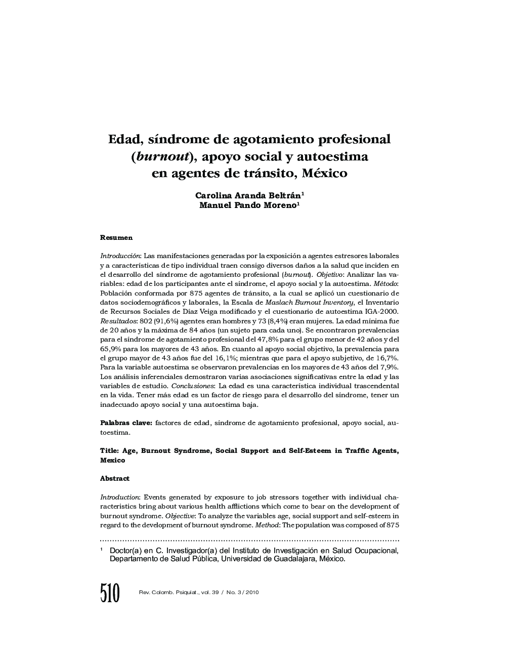 Edad, sÃ­ndrome de agotamiento profesional (burnout), apoyo social y autoestima en agentes de tránsito, México