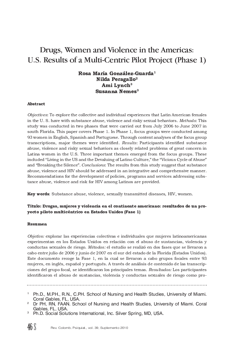 Drugs, Women and Violence in the Americas: U.S. Results of a Multi-Centric Pilot Project (Phase 1)