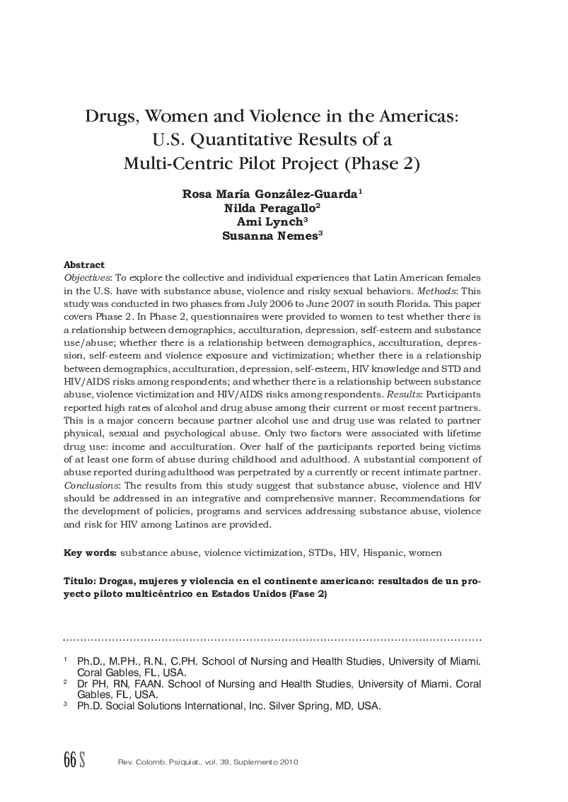 Drugs, Women and Violence in the Americas: U.S. Quantitative Results of a Multi-Centric Pilot Project (Phase 2)