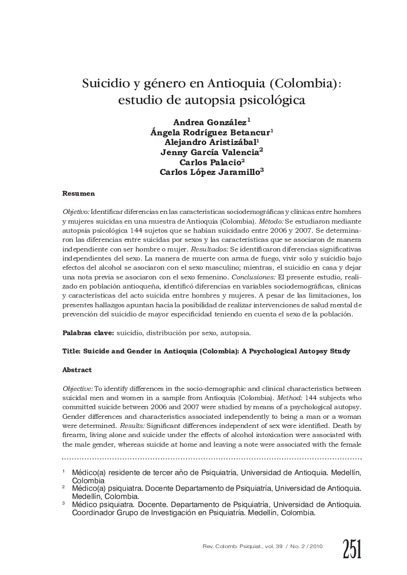 Suicidio y género en Antioquia (Colombia): estudio de autopsia psicológica