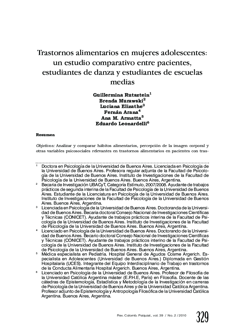 Trastornos alimentarios en mujeres adolescentes: un estudio comparativo entre pacientes, estudiantes de danza y estudiantes de escuelas medias