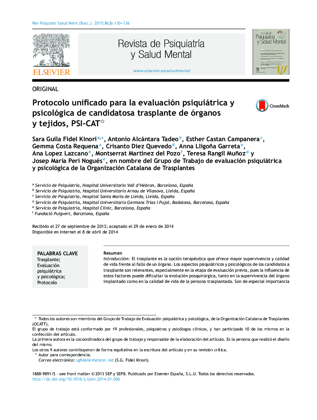 Protocolo unificado para la evaluación psiquiátrica y psicológica de candidatosa trasplante de órganos y tejidos, PSI-CAT 
