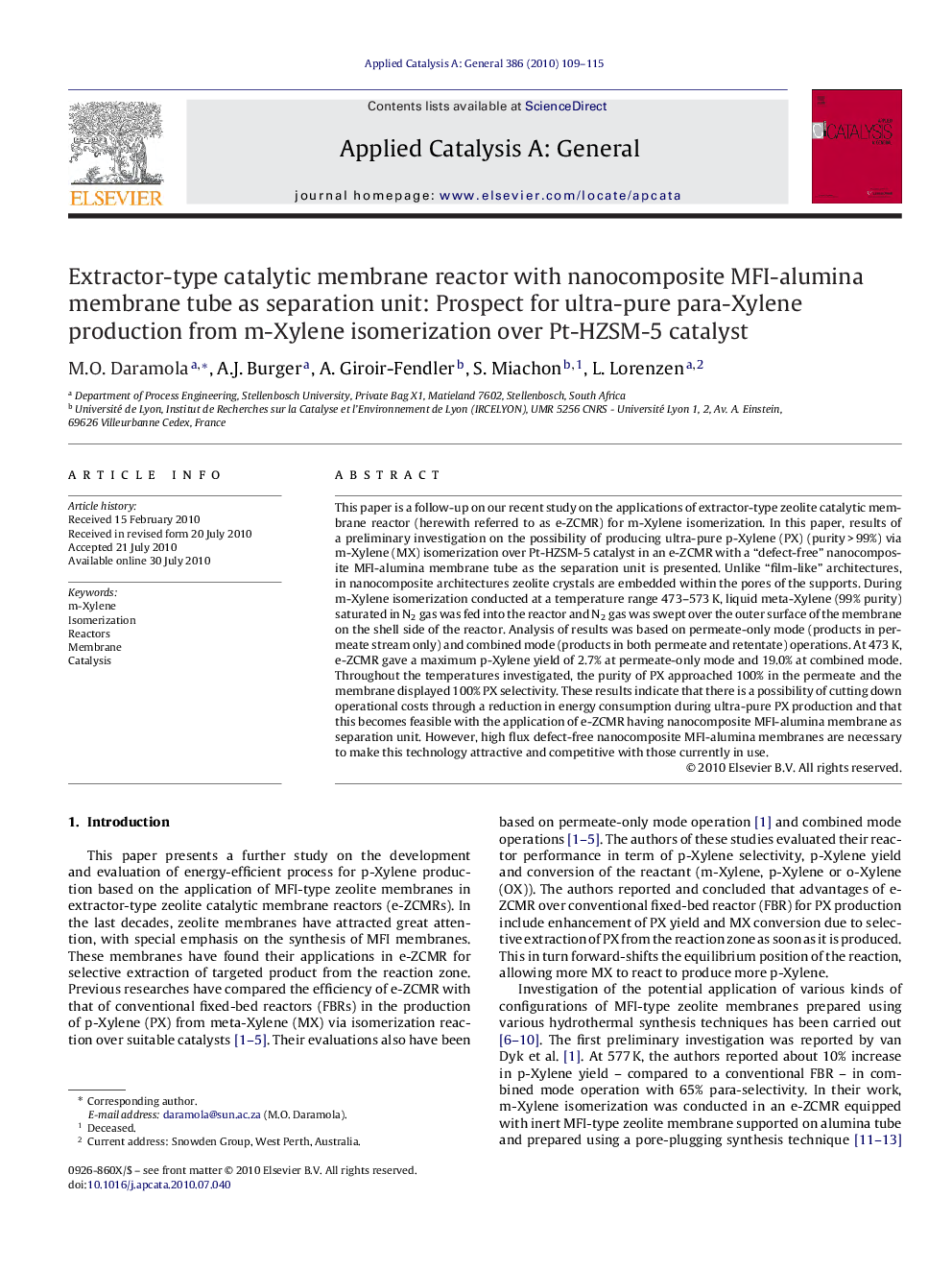 Extractor-type catalytic membrane reactor with nanocomposite MFI-alumina membrane tube as separation unit: Prospect for ultra-pure para-Xylene production from m-Xylene isomerization over Pt-HZSM-5 catalyst