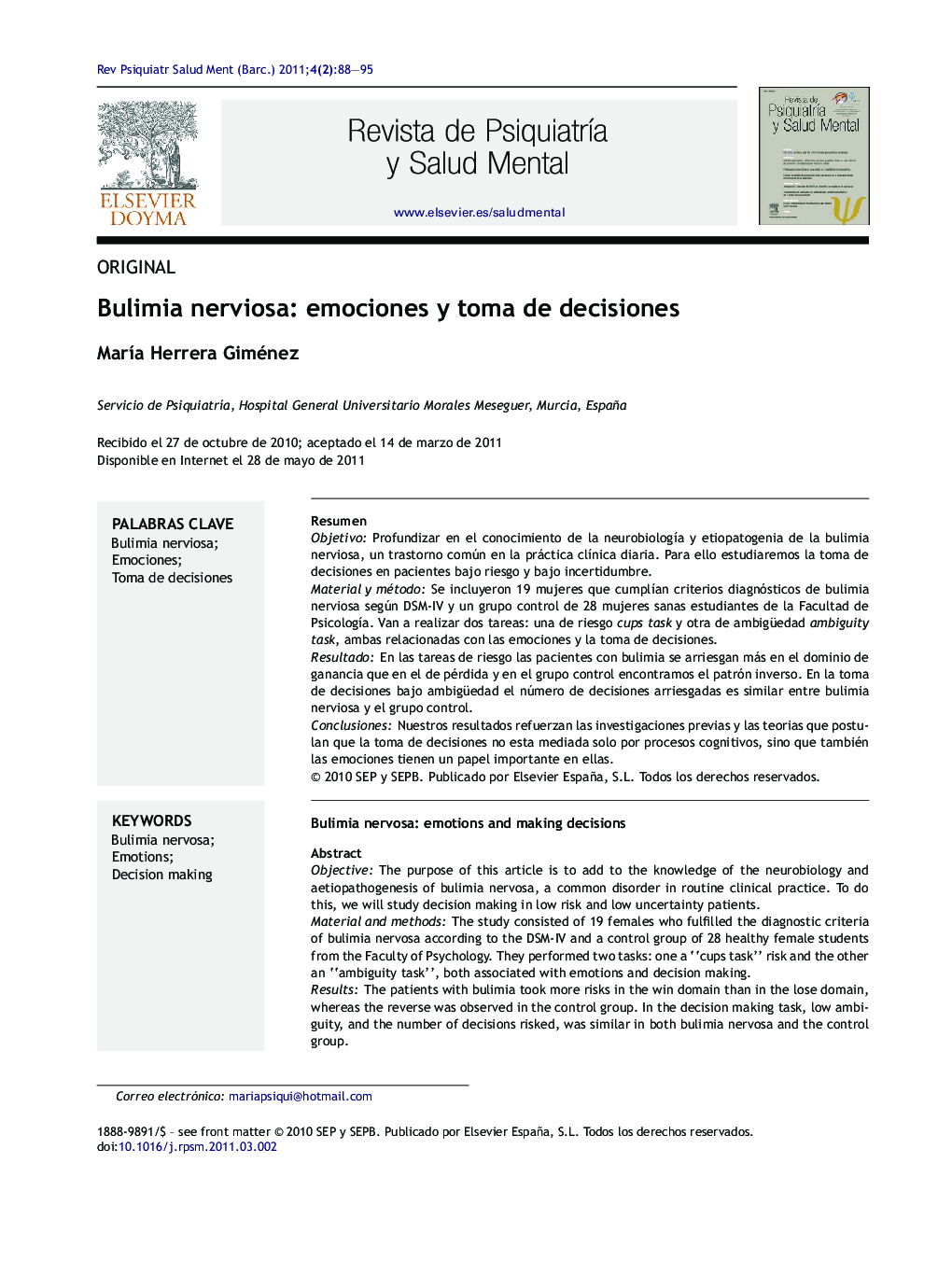 Bulimia nerviosa: emociones y toma de decisiones