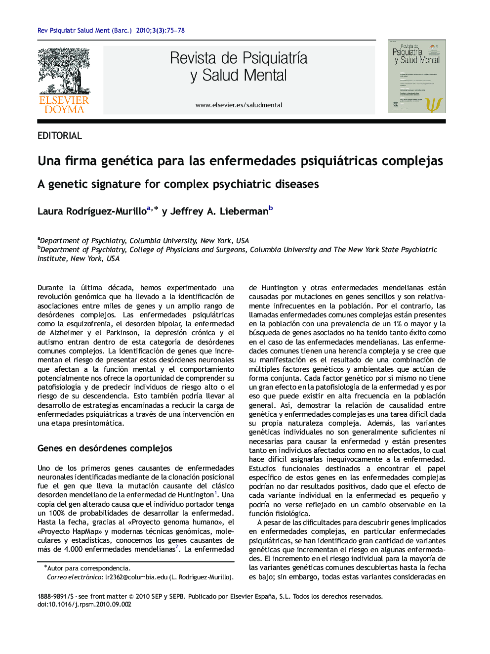 عکس صفحه اول مقاله: Una firma genética para las enfermedades psiquiátricas complejas Una firma genética para las enfermedades psiquiátricas complejas