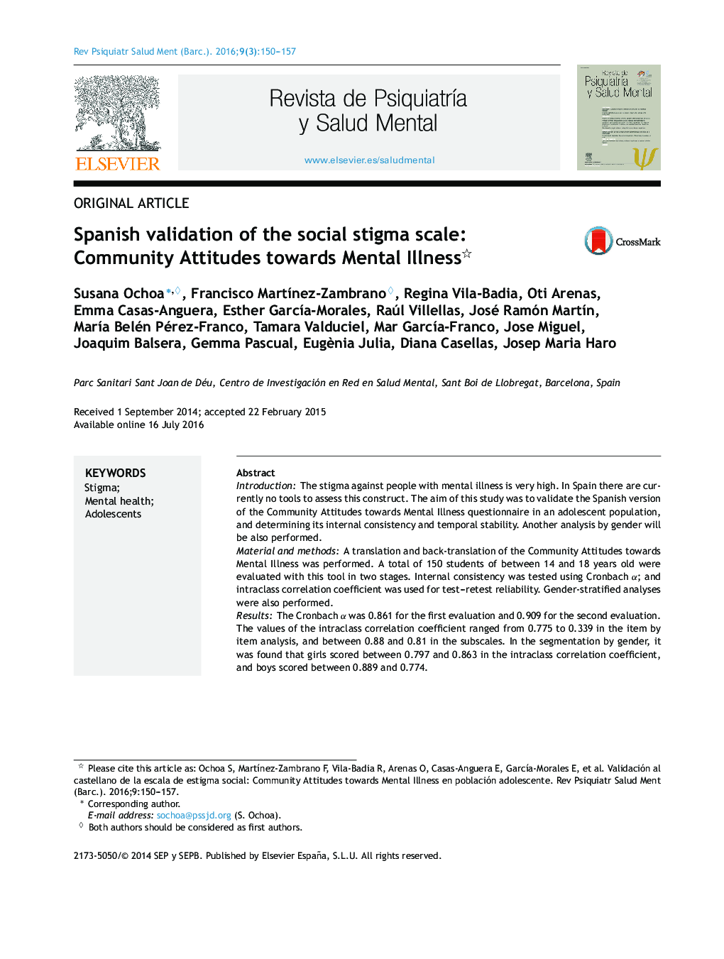 Spanish validation of the social stigma scale: Community Attitudes towards Mental Illness 