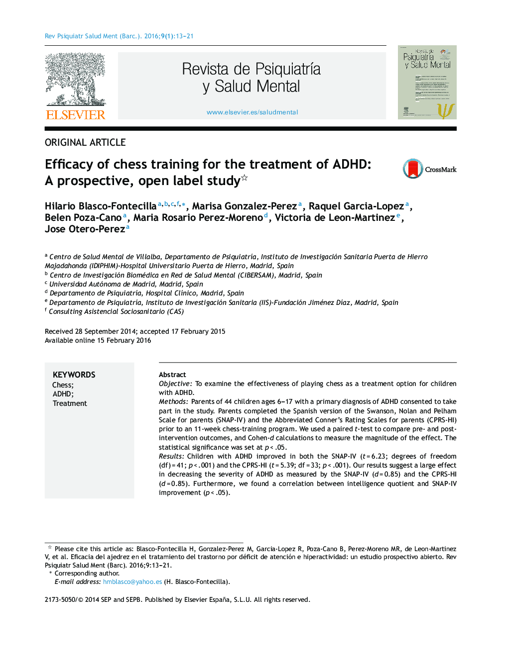 Efficacy of chess training for the treatment of ADHD: A prospective, open label study 