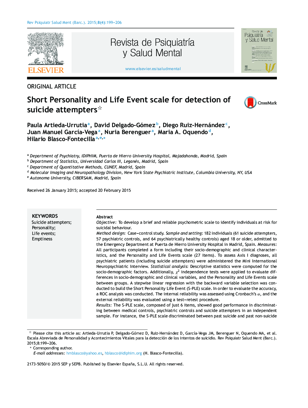 Short Personality and Life Event scale for detection of suicide attempters 