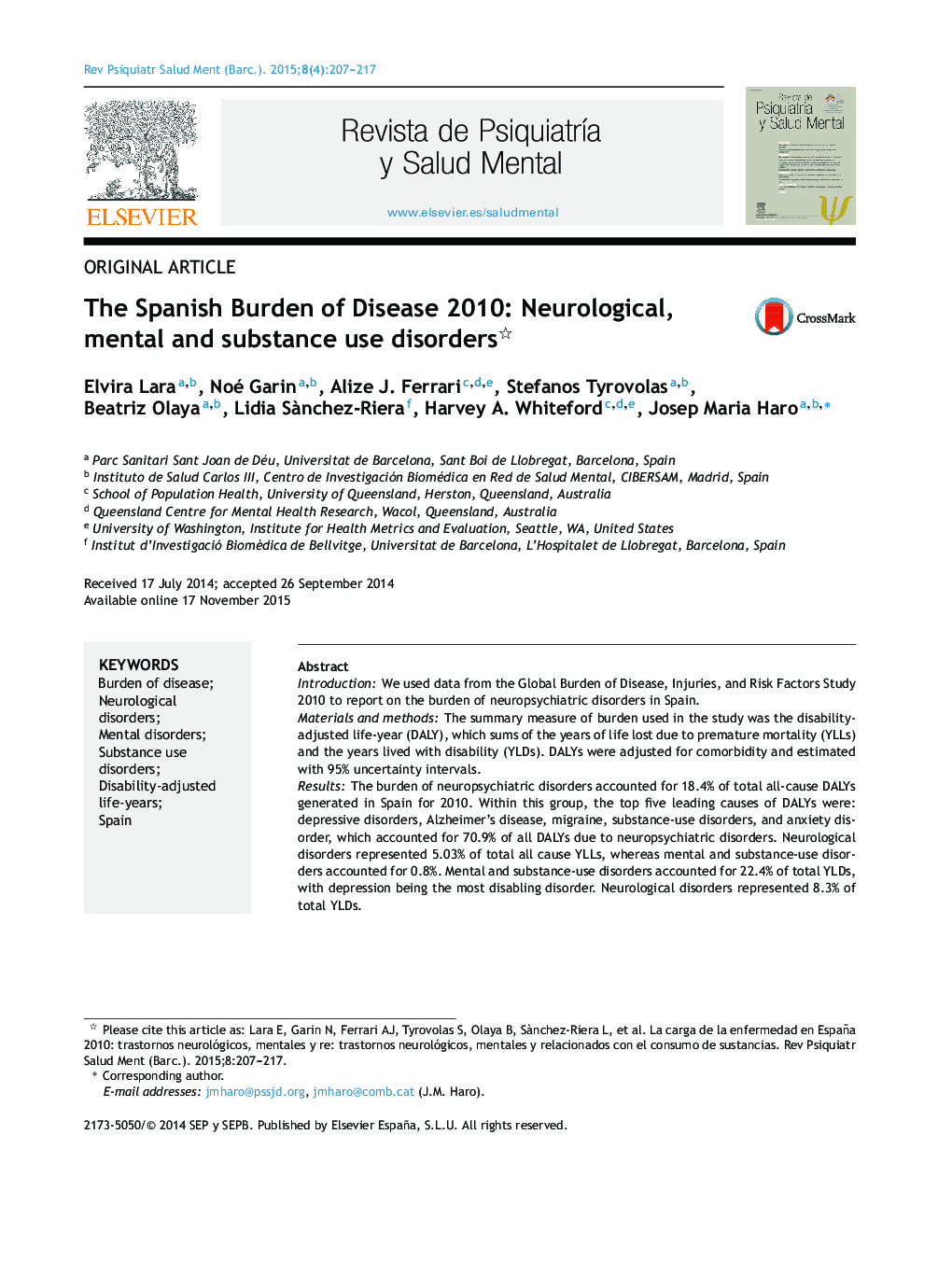 The Spanish Burden of Disease 2010: Neurological, mental and substance use disorders 