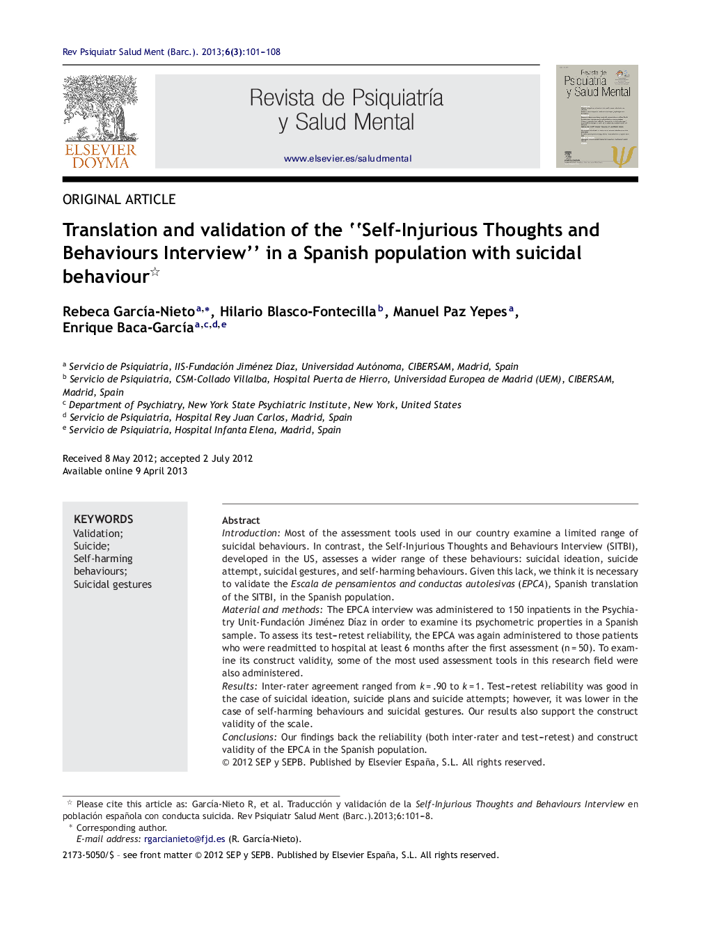 Translation and validation of the “Self-Injurious Thoughts and Behaviours Interview” in a Spanish population with suicidal behaviour 